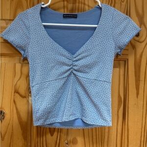 Brandy Melville Light Blue Micro-Print Ruched V-Neck Crop Top